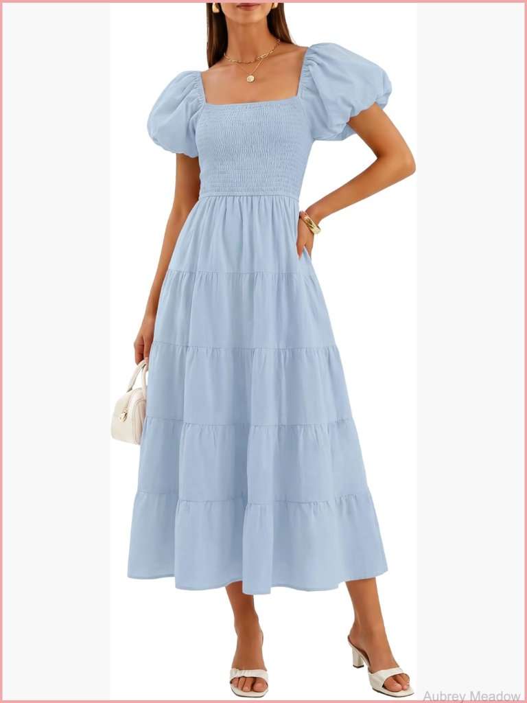 Puff Sleeve Midi Dress Square Neck Smocked Bodice Flowey Tiered